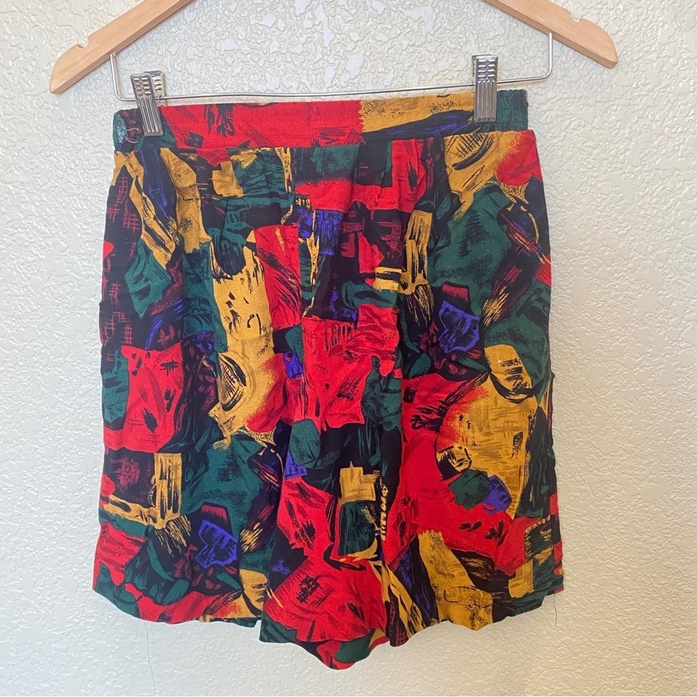 Vintage color block‎ abstract shorts elastic waist petite medium high waist rise